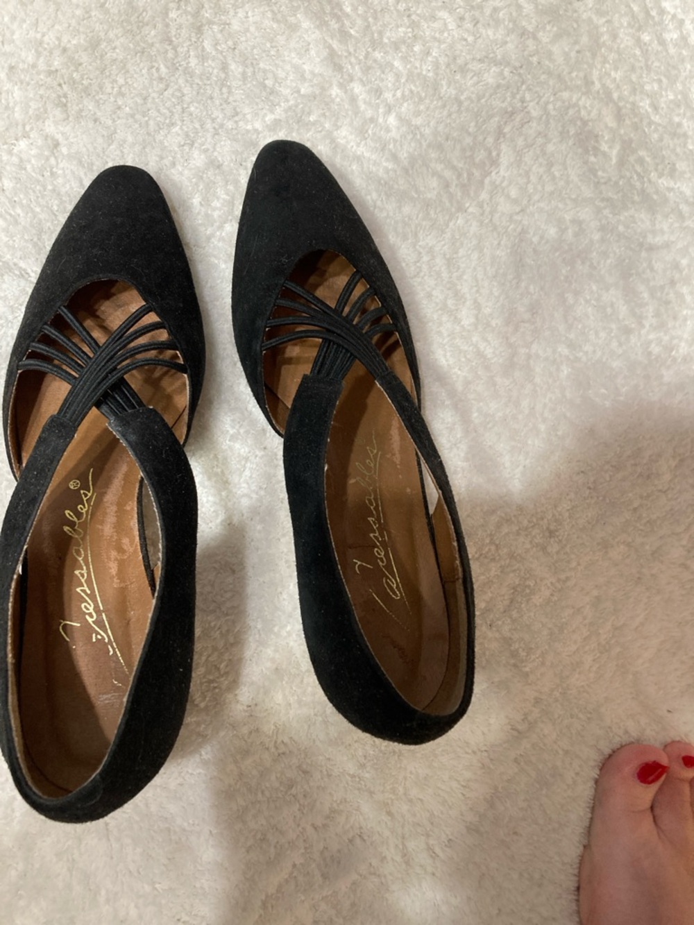 Vintage Black faux Suede Pointed-Toe Heels with Strappy Detail